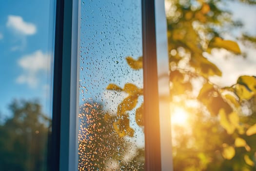 The wet glass of the window next to the greenery of the trees is illuminated by the sun.