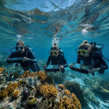 A group of divers captures the beauty of coral reefs while observing marine life in a clear tropical sea.