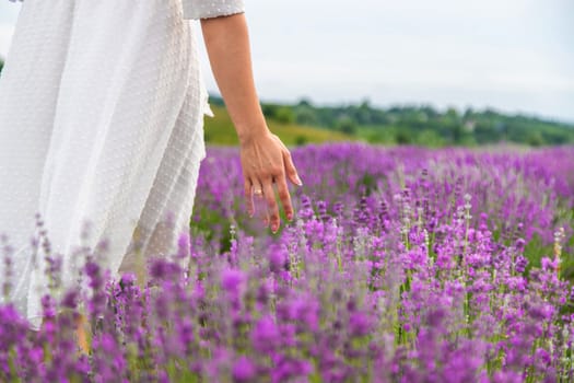 Woman's hand gently touching lavender flowers