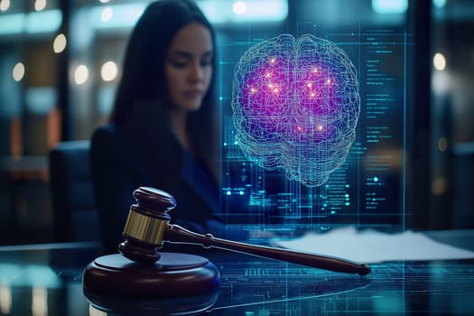 A wooden gavel rests on a smooth surface in a courtroom, while a holographic image of brain activity is projected behind an unseen figure.