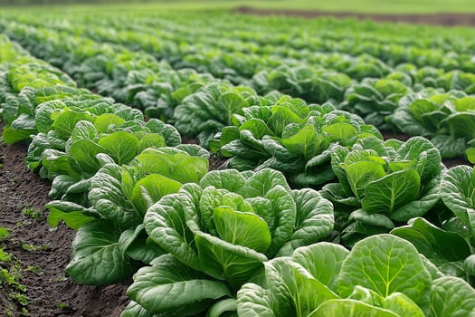 Rows of healthy lettuce thrive under the sun, showcasing the abundance of fresh vegetables in a well-tended field.