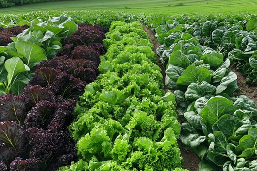 Rows of colorful leafy vegetables thrive in a farm field, showcasing their freshness and natural beauty in strong sunlight.
