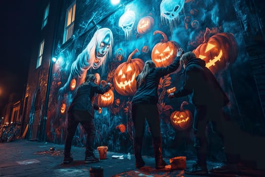 Three artists work on a vibrant Halloween mural featuring glowing pumpkins and ghostly imagery in a dark alley.