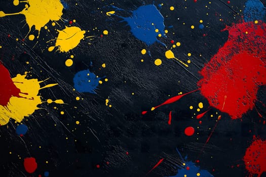 Vivid primary colors pop against black paper, showcasing vibrant and dynamic abstract artistic expression.