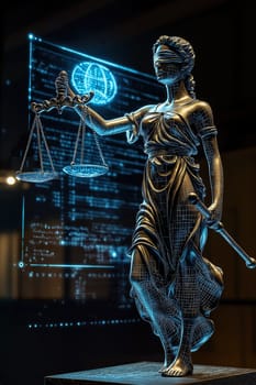 The blindfolded Lady Justice statue holds a scale and sword, representing impartiality, surrounded by digital representations of justice.