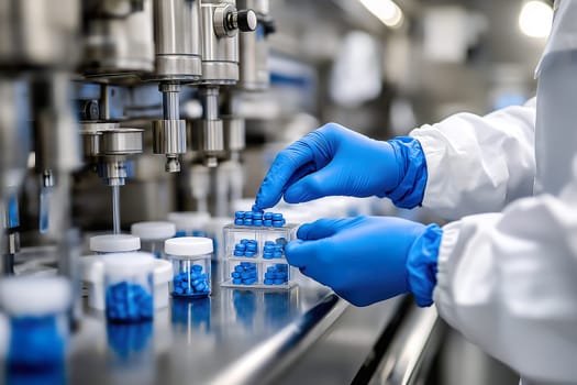 A worker carefully organizes blue pills into containers while wearing blue gloves in a pharmaceutical setting, ensuring precision and safety.