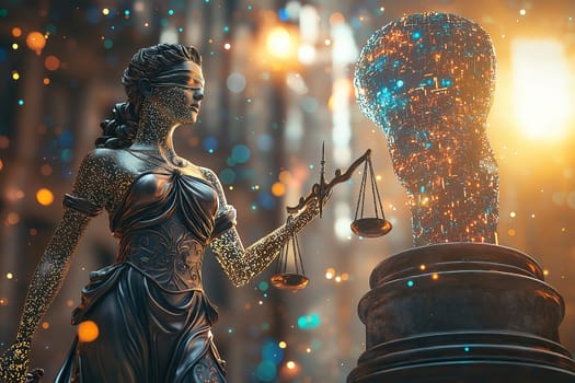 The statue of Lady Justice, blindfolded and poised with scales, represents fairness and equality in a beautifully lit setting, evoking reflection.