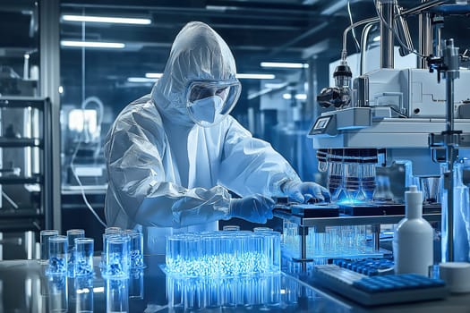 A scientist in protective gear is focused on conducting experiments with glassware in a cutting-edge pharmaceutical laboratory.