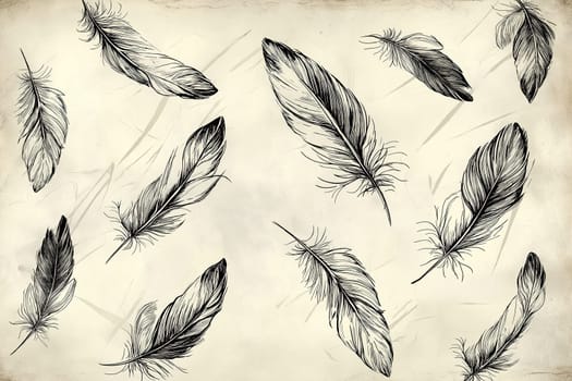 The artwork features finely drawn feathers in black and white, emphasizing their intricate patterns and textures against a light backdrop.