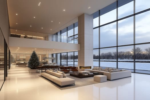 The spacious living room features a beautifully decorated Christmas tree, sleek furnishings, and expansive windows offering a winter view outside.