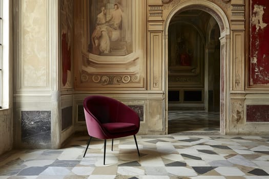 A stylish velvet barrel chair contrasts beautifully with the ornate Venetian stucco wall and intricate floor pattern in a historic setting.