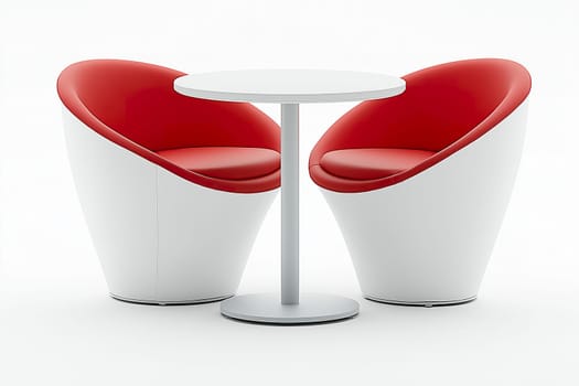 Two red leather armchairs surround a sleek round table, providing a cozy and vibrant space for relaxation and interaction.