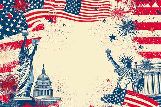 Festive posters showcase iconic American symbols in a vibrant red, white, and blue design, celebrating the spirit of July festivities.