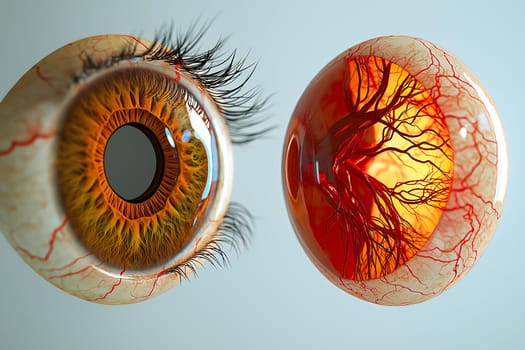 This illustration highlights the contrasting features of a healthy eye and one affected by disease, emphasizing vascular and structural differences.