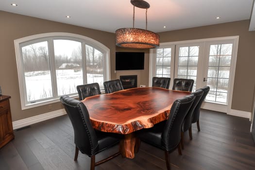 A beautiful live edge dining table is centrally positioned in a modern room with ample natural light, perfect for gatherings and dining experiences.