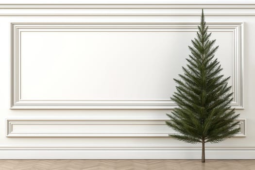 The Christmas tree is adorned with ornaments, bringing holiday spirit to the stylishly decorated room while surrounded by simple elegance.