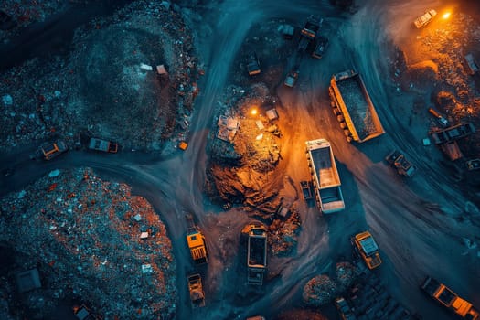 Large landfill site illuminated at night, with several trucks actively transporting waste among towering piles of refuse.