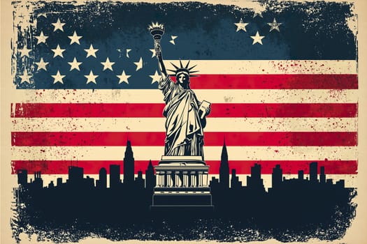 A July celebration poster features the Statue of Liberty and the American flag, symbolizing freedom and unity in national festivities.