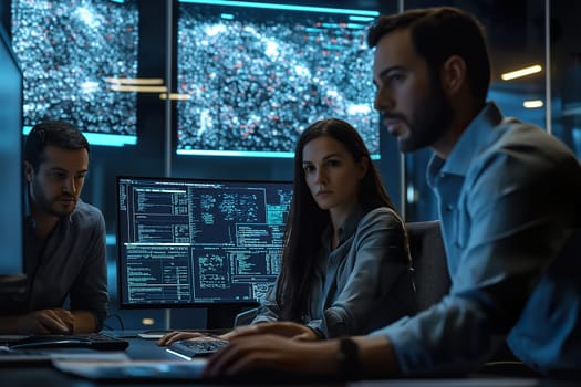 Three intelligence officers systematically analyze vast data sets on multiple screens, focusing intently on their work in a secure environment.