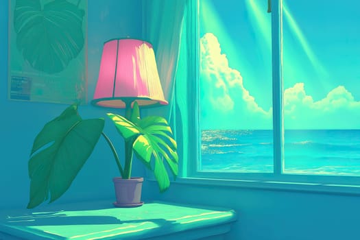 A cozy room showcases a pink lamp beside a window overlooking the ocean, complemented by green plants and bright, tranquil colors.