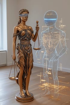 Lady Justice, blindfolded, holds scales, symbolizing justice, as ethereal data patterns blend tradition with technology.