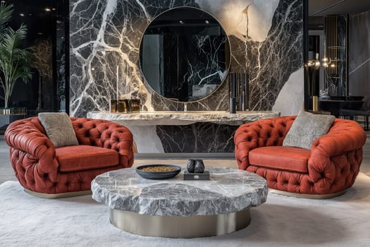 A stylish arrangement features vibrant red leather armchairs facing a chic marble table in a contemporary interior with bold decor.