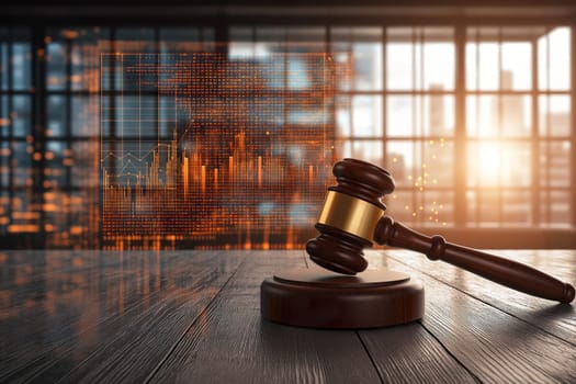 A gavel hovers above a digital screen showcasing financial trends against a backdrop of a modern courtroom during twilight.