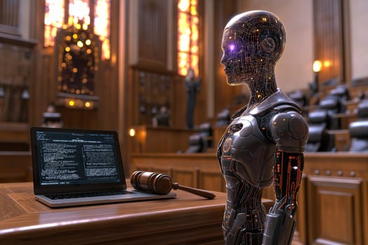 A holographic AI figure is prominently displayed in a courtroom next to a laptop, illustrating the integration of technology in legal processes.