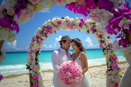During a joyous wedding in Cancun, a musician plays a heartfelt melody beneath colorful floral decorations.