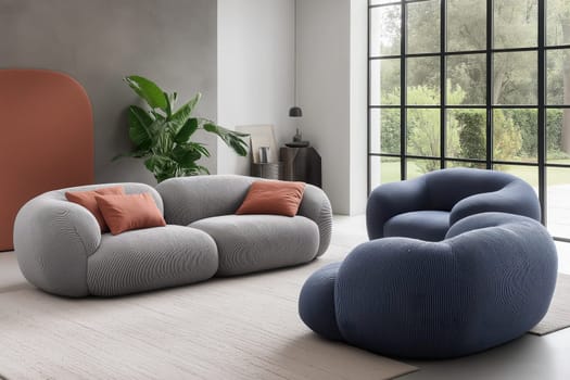 Cozy sofas and inviting boucle armchairs are arranged by a large grid window, enhancing the bright and modern living space.