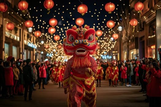 The bustling street is alive with a colorful dragon dance, as performers in bright costumes entertain a crowd under glowing lanterns.
