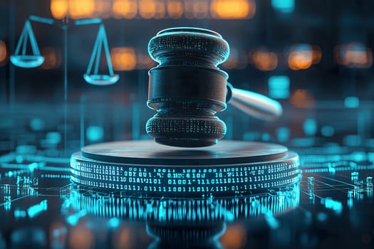 The wooden gavel hovers over a digital backdrop, representing the blend of justice and technology in contemporary legal practices.