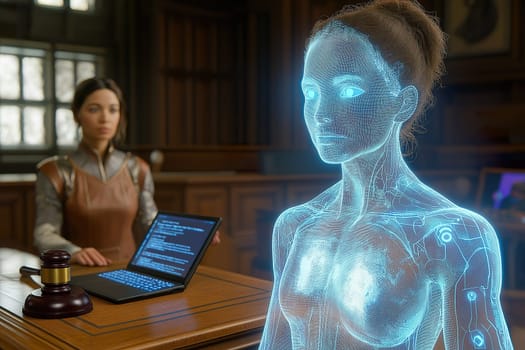 A holographic AI figure floats in a courtroom while a lawyer reviews digital documents on a tablet, enhancing the trial experience.