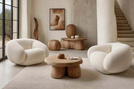 Cozy seating with boucle armchairs and sofas creates a welcoming atmosphere, illuminated by natural light from a large grid window.