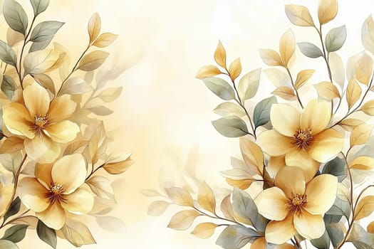 Delicate light yellow flowers and green leaves create an elegant floral arrangement against a soft, pastel background.