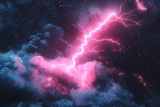 Vibrant pink lightning flashes across the sky during a storm, creating a striking contrast against dark clouds and twinkling stars.