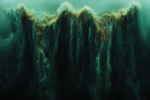 Dark waters blend with vibrant shades of green, forming flowing shapes that shimmer with golden particles, evoking a magical underwater realm.