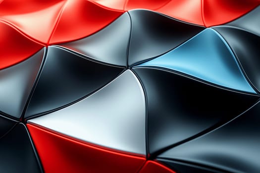 Vivid colored surfaces form dynamic geometric shapes in red, black, and blue, creating an engaging abstract pattern under soft illumination.