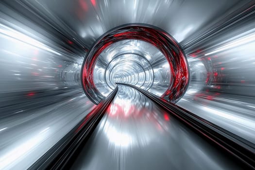 A tunnel with sleek metallic walls and glowing red accents creates a mesmerizing futuristic ambiance, evoking a sense of speed and exploration.