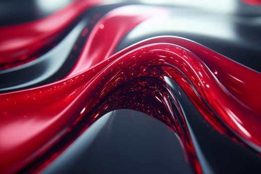 Intricate movement of red and black liquid creates a mesmerizing abstract design with glossy surfaces reflecting light effectively.