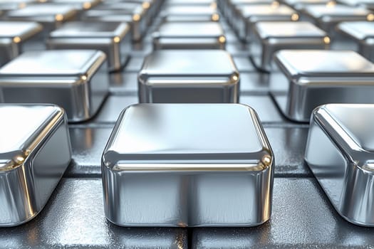 Close-up view of numerous polished metallic blocks aligned in a perfect grid, reflecting light beautifully across their surfaces.
