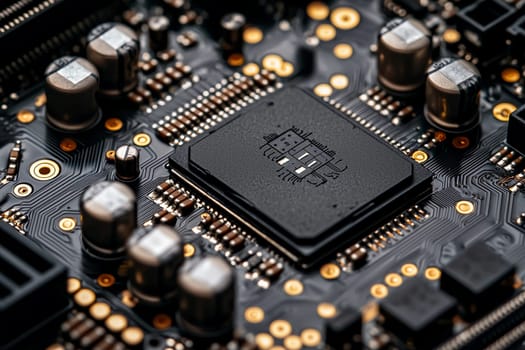 A detailed view of a circuit board with a microchip and various electronic components, highlighting the complexity of technology.