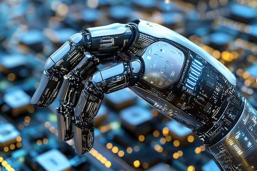 A detailed robotic hand showcases intricate circuits while interacting with advanced computer components during a technology event.