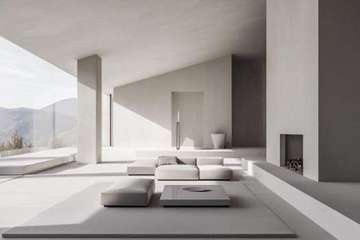 Spacious living area features neutral tones and large windows with mountain views, creating a serene atmosphere in daylight.
