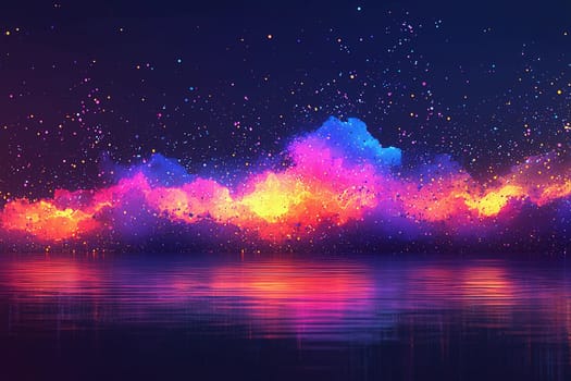 Bright, colorful clouds in shades of purple, pink, and orange reflect on calm water at night, creating a serene and enchanting atmosphere.