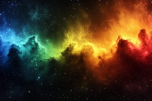 Swirling clouds of color stretch across the universe, creating a stunning spectacle filled with bright colors and distant stars.