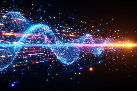 Brightly colored light wave patterns flow through a dark background, showcasing energy and motion in a vibrant digital universe.