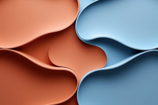 Curved shapes in warm terracotta and cool blue tones intertwine, showcasing a modern artistic design that emphasizes flow and harmony.