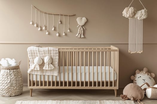Soft colors and natural materials create a serene nursery space with a wooden crib, plush decorations, and cozy textiles for baby comfort.
