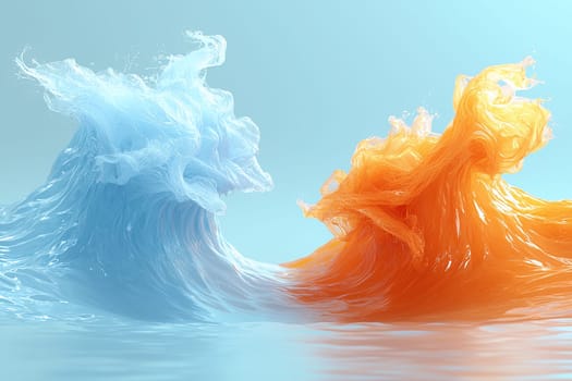 Blue and orange waves swirl together in an energetic display, showcasing fluid motion and color contrast against a tranquil backdrop.